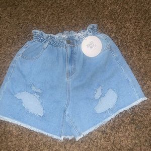 Open Rod  Woman's Denim Paper Bag Waist High Rise Pale Blue 4